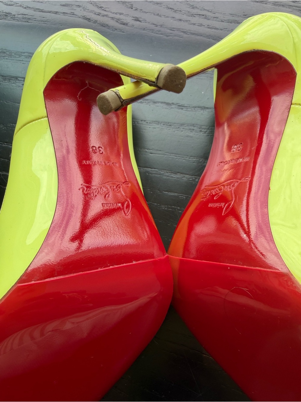 Christian Louboutin SO KATE 120 Neon Fluorescent Yellow Green Stiletto Pumps, 38 - Picture 7 of 12